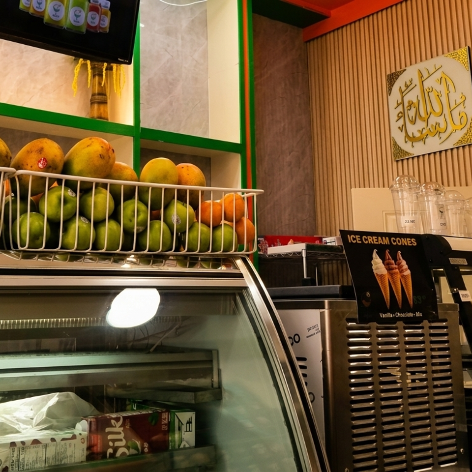 Fresh fruit baskets, a refrigerated display case, and an ice cream cone sign in a cafe.