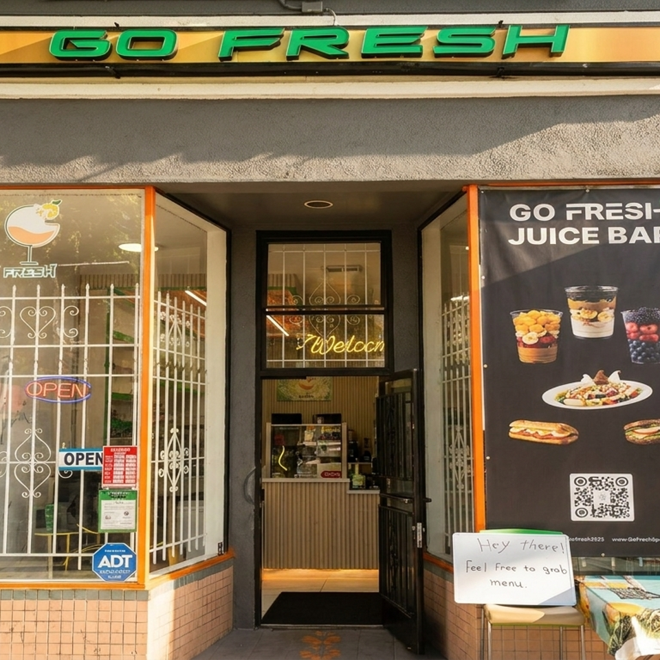 The storefront of Go Fresh Juice Bar, with an open door and a menu board displaying juices and sandwiches.