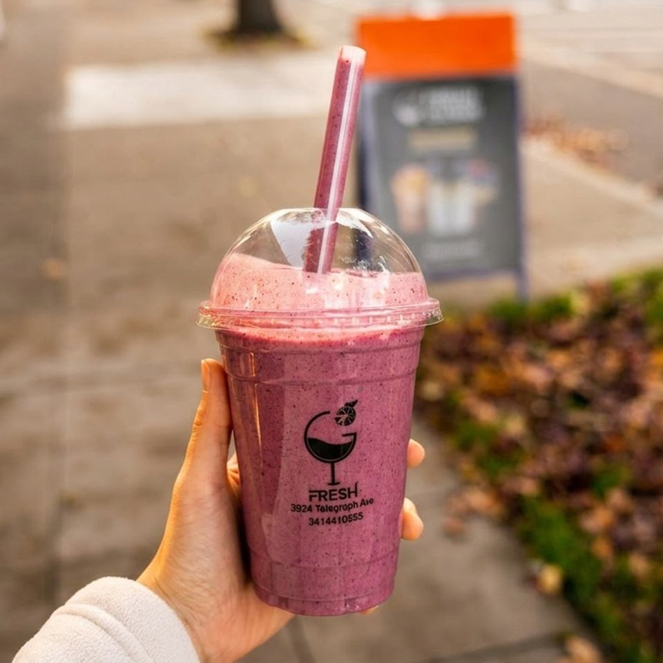 Hand holding a Fresh smoothie with a straw, outdoors on a sidewalk with foliage.