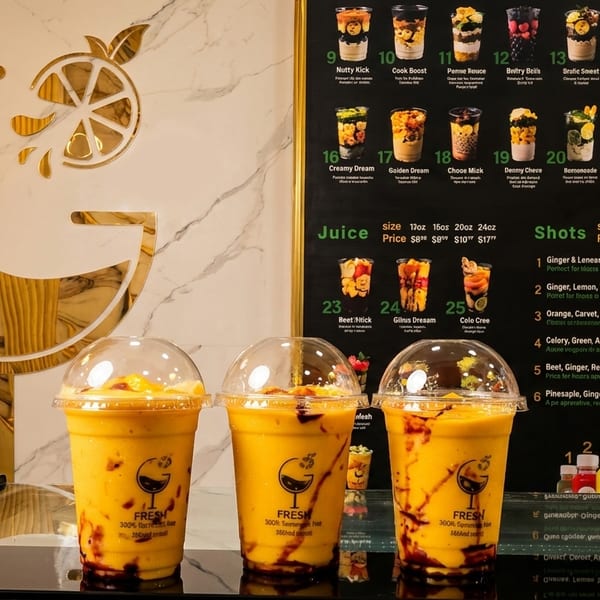 Three mango smoothies with chocolate drizzle sit on a counter in front of a juice bar menu.