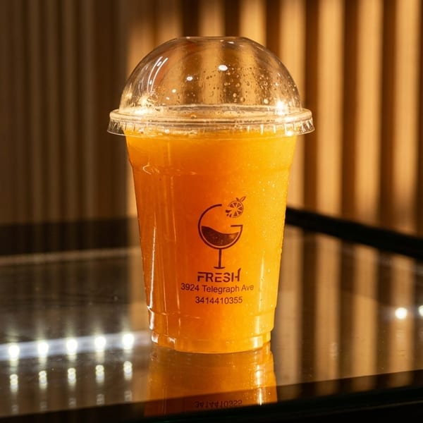 A Fresh branded cup filled with orange juice sits on a reflective surface with warm lighting.